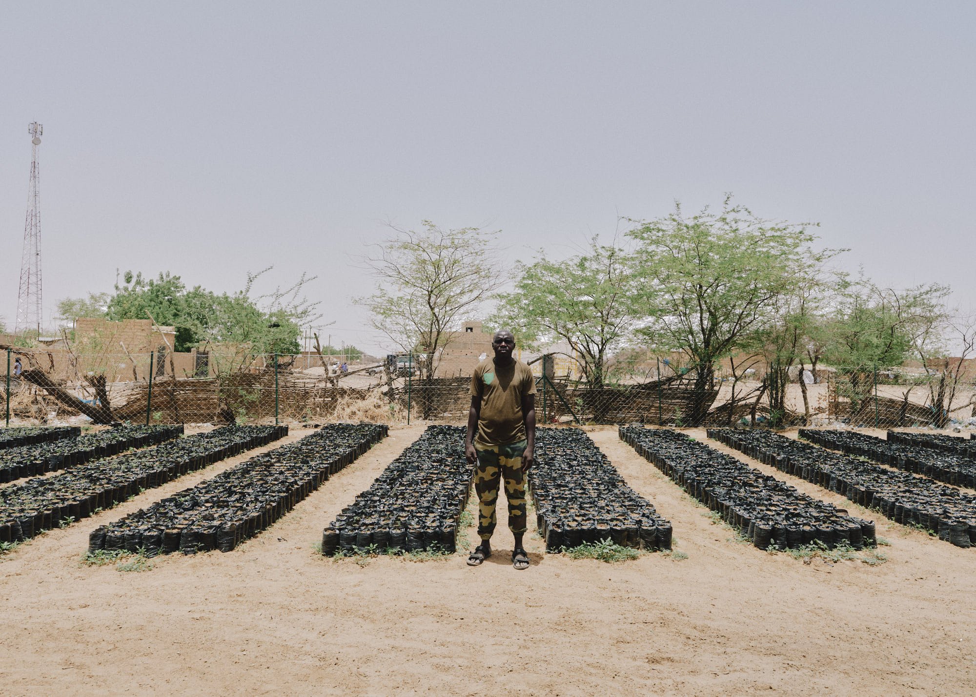 Man standing in front of a row of black plant pots outdoors in Senegal – a dry, rural area with sparse trees and makeshift fences.