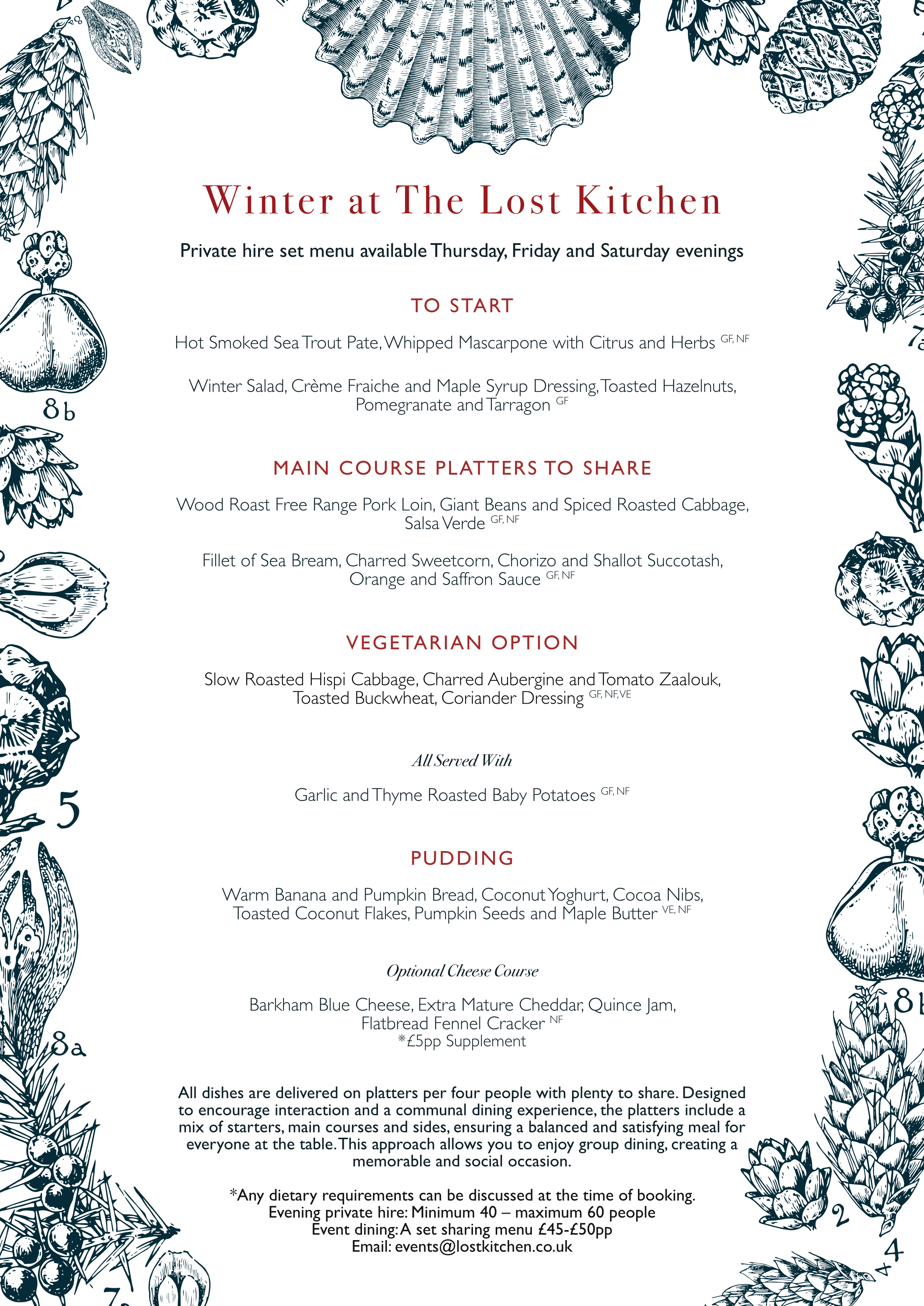 Christmas party menu  for The Lost Kitchen