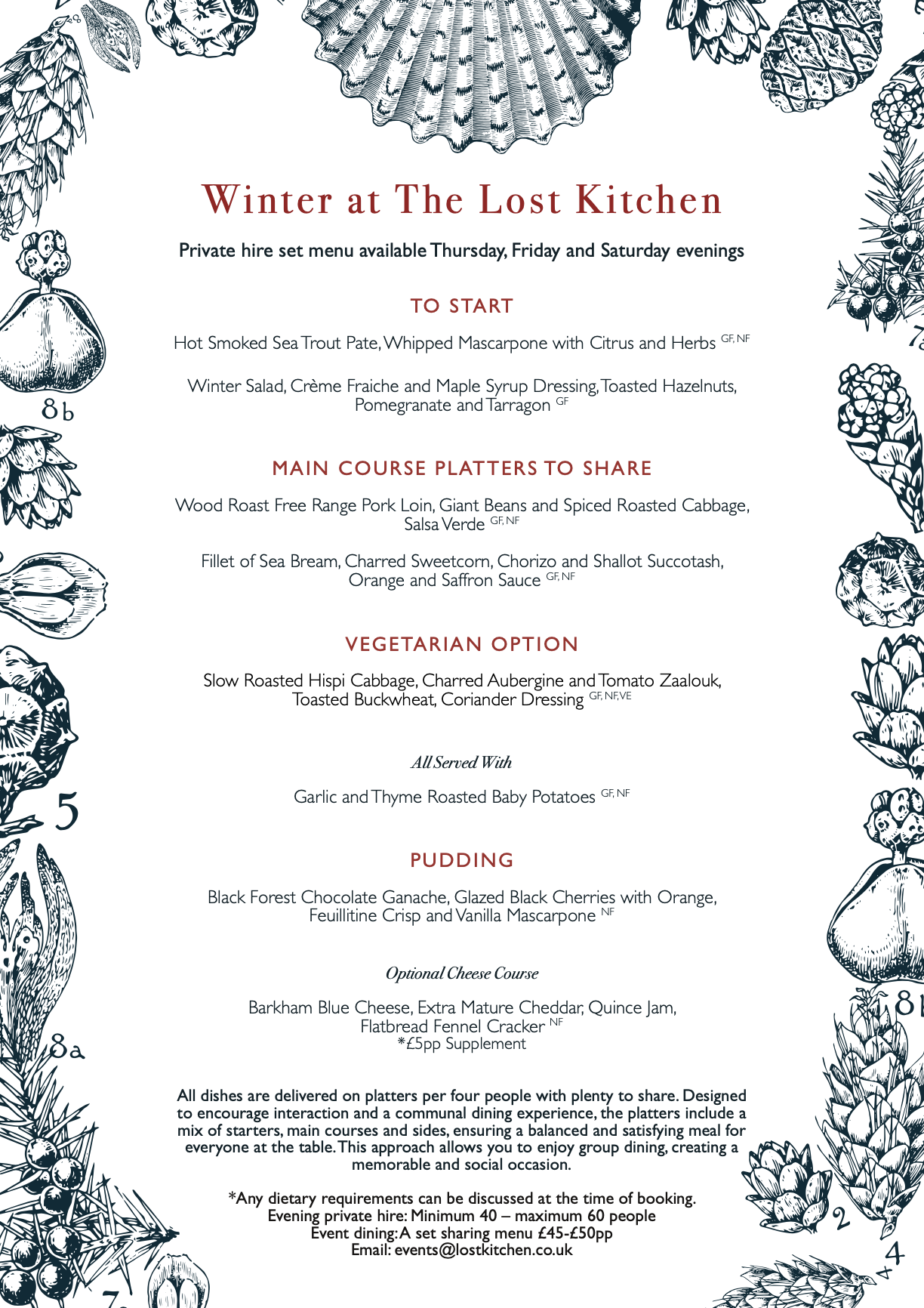 Christmas party menu for The Lost Kitchen