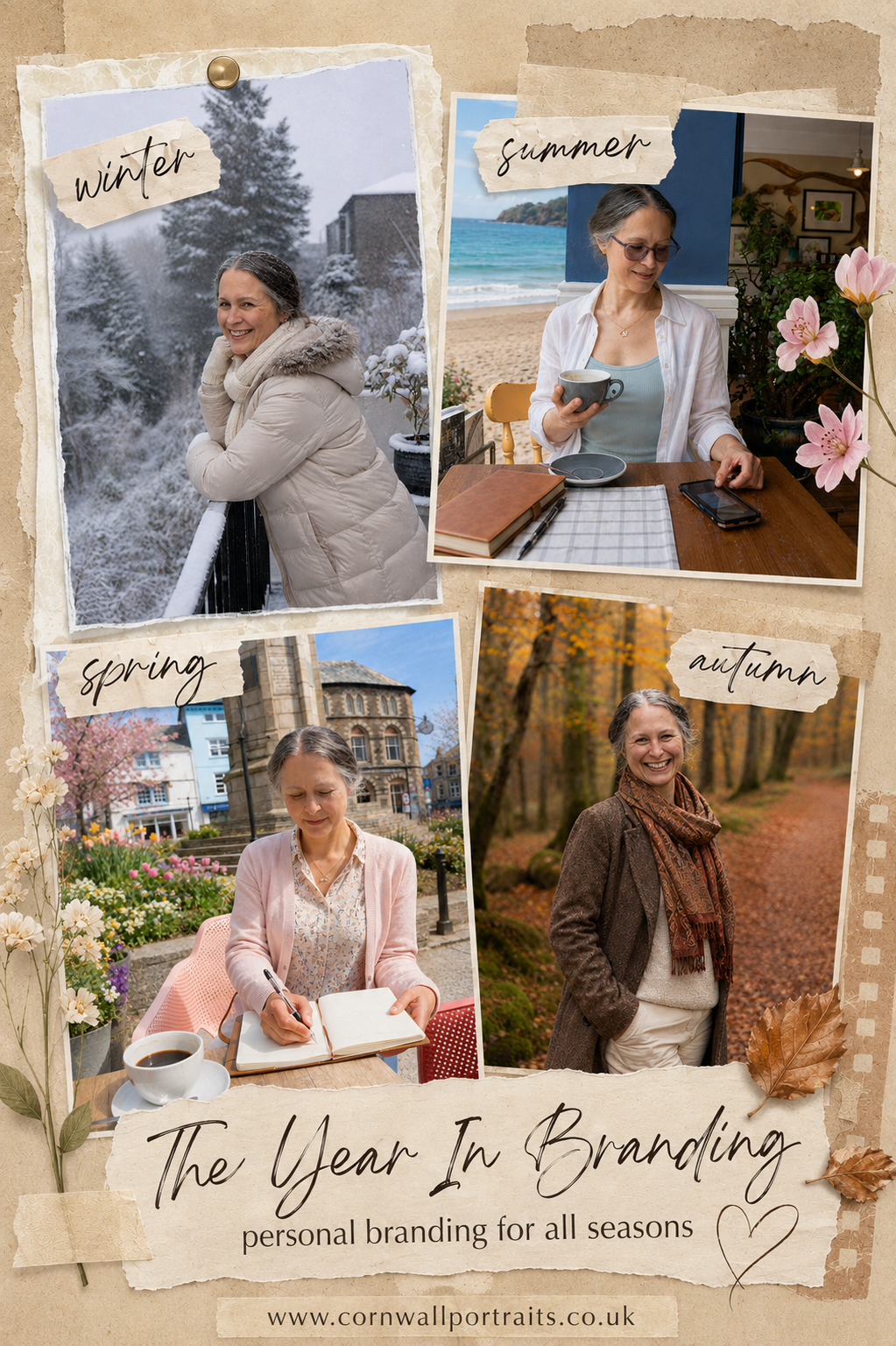 Collage of four women representing different seasons: winter, summer, spring, and autumn, with a background of flowers and leaves, promoting personal branding for all seasons.