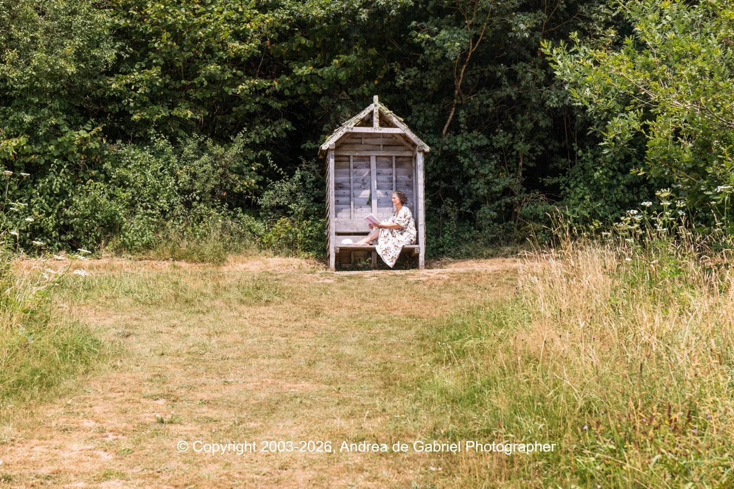 A woman sitting on a wooden bench in a small rustic wooden shelter, reading a book in an open grassy field with dense green trees in the background.