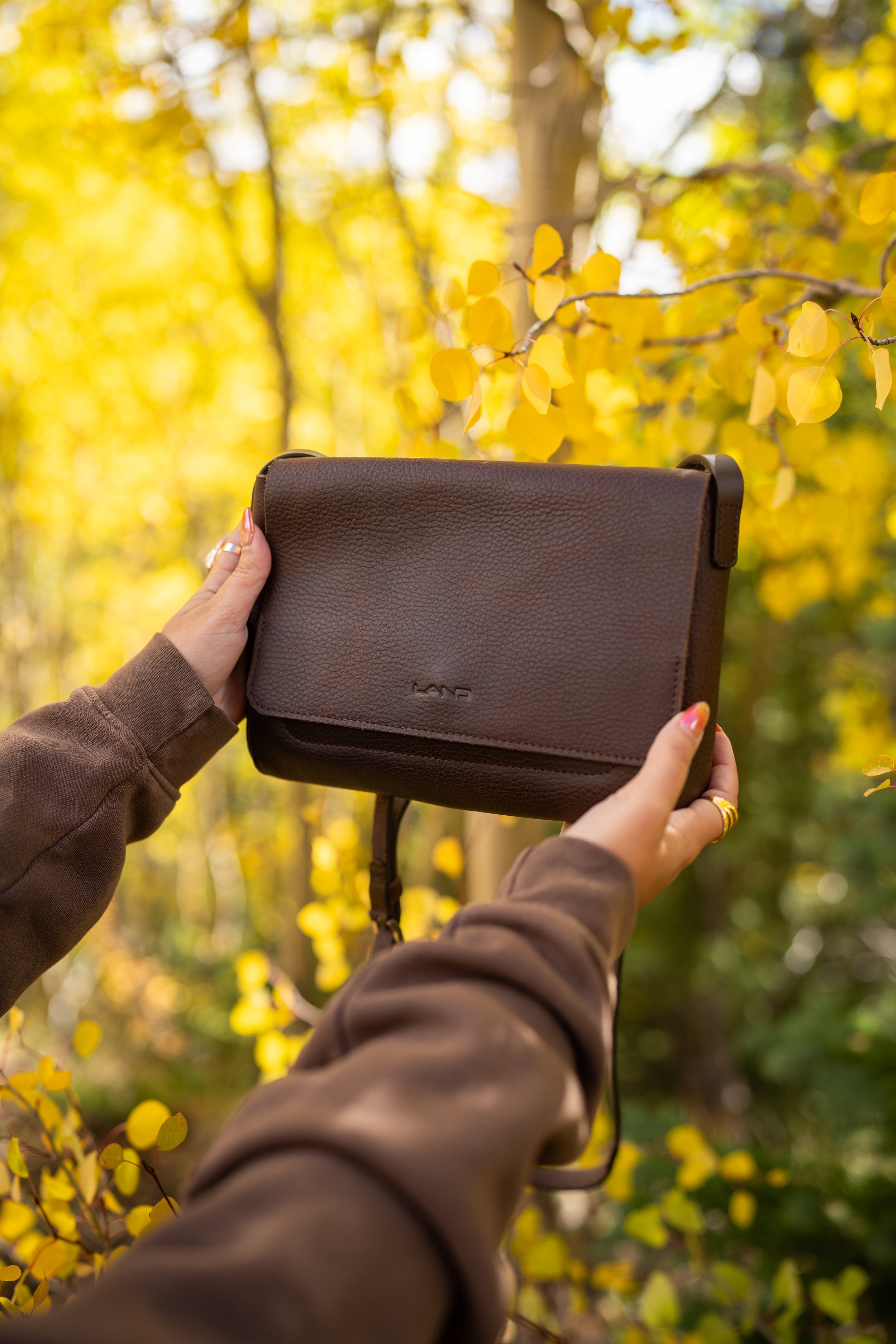 A person holding a brown leather handbag outdoors in an autumn forest with yellow leaves.