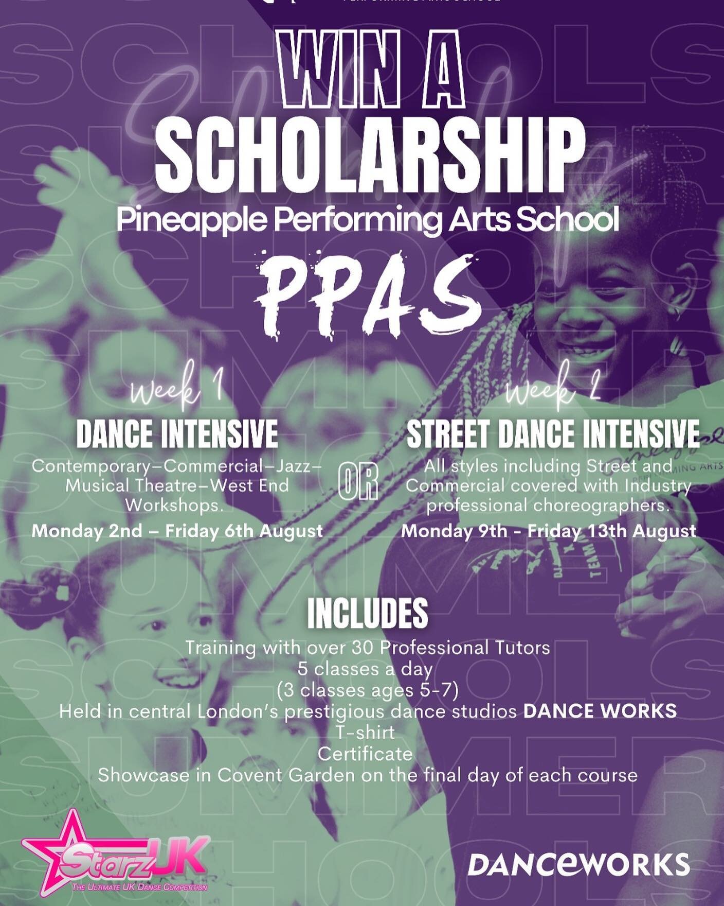 Are you competing next weekend with @starzuk 
We are offering 4 scholarships 1 per age group to attend either Week 1 DANCE INTENSIVE or 
Week 2 STREET DANCE of this years Summer Schools! 
Good luck to everyone competing and we can&rsquo;t wait to see