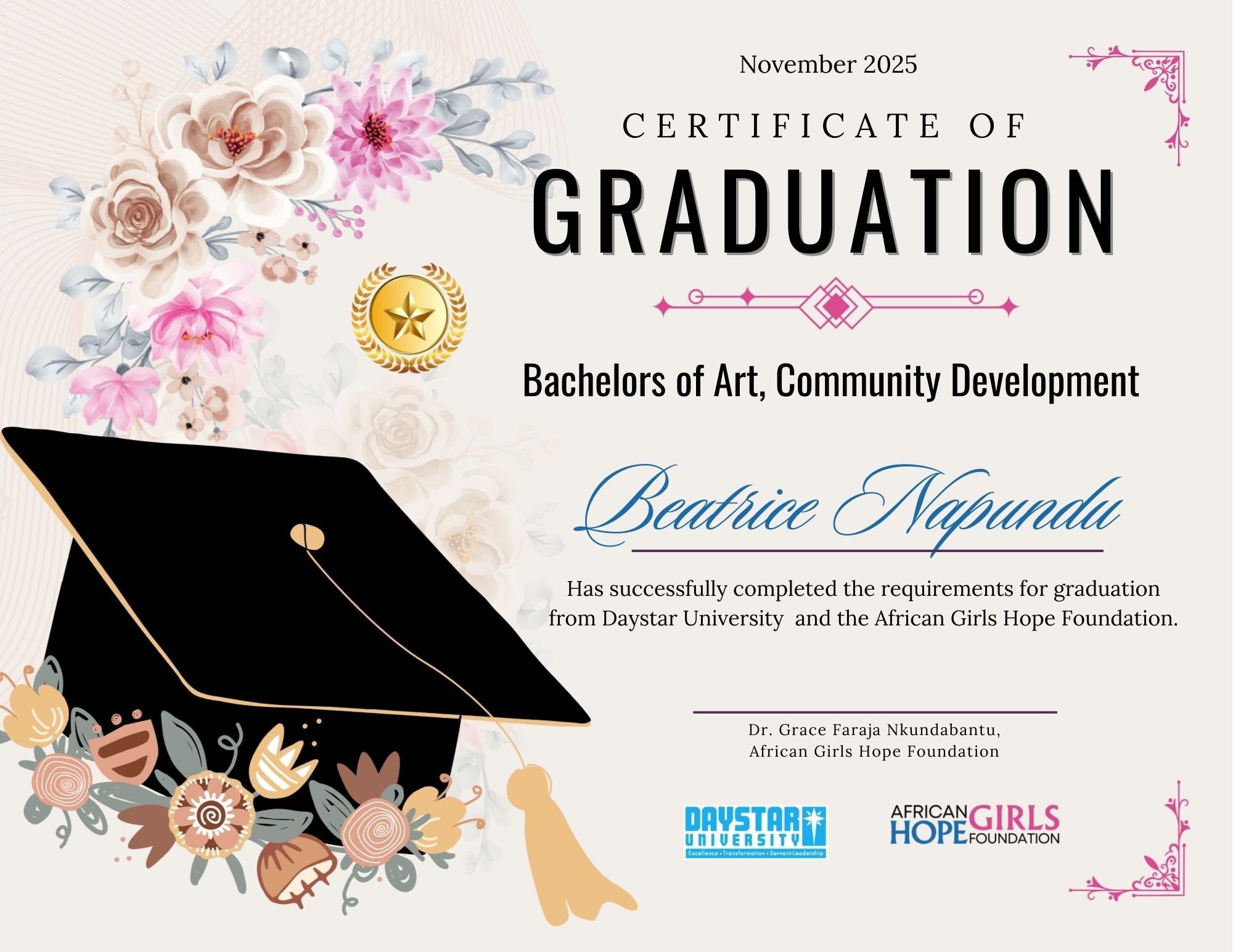 University Graduation certificate and AGHF graduation certificate