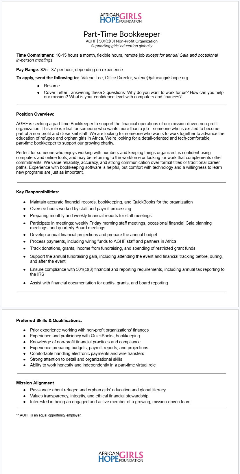 Job description for a part time bookkeeper.