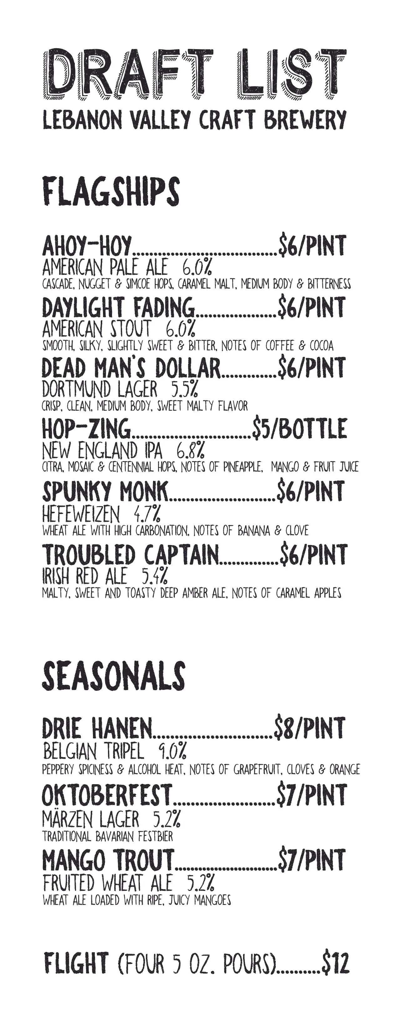 DRAFT LIST — Lebanon Valley Craft Brewery