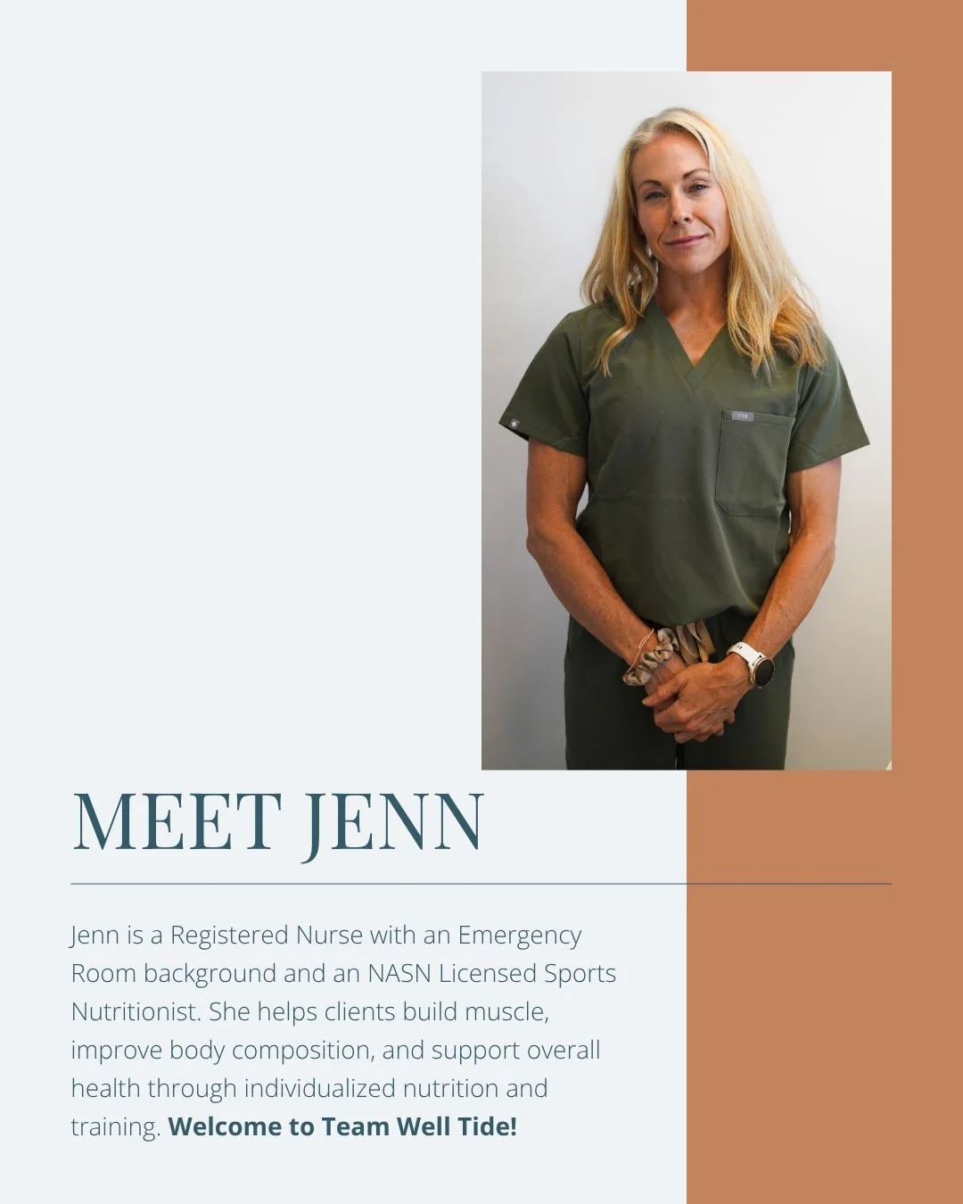 Welcome to Team Well Tide, Jenn! 💛

I&rsquo;m so excited to introduce Jenn, a Registered Nurse, Licensed Sports Nutritionist, and someone who deeply believes in the power of nutrition, movement, and lifestyle habits as a foundation for health. Jenn 