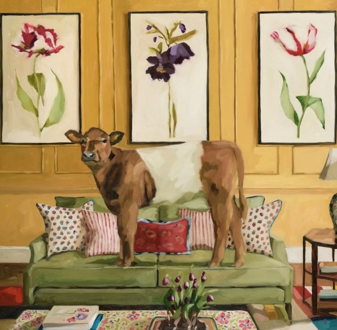 Thank you @georgiafiennesstudio for using this yellow room from our Bath project for inspiration for this  brilliant piece! He looks very happy in there 🐄 Swipe to see the original room #art #interiors #interiordesign #interiorinspo #cow
