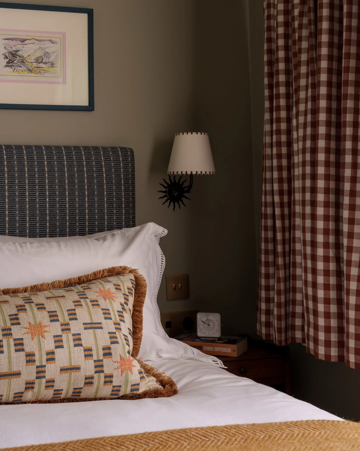 A corner of a bedroom in the Swiss mountain project. We had to do cill length curtains throughout the bedrooms due to being quite tight on space (blinds weren&rsquo;t an option either due to the shutter mechanisms). 

I never thought I&rsquo;d say it