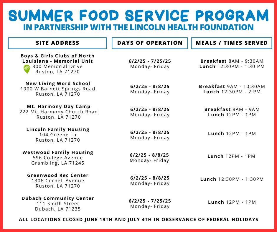 Free Summer Meals Are Here! 🍽️
We're proud to partner with the Lincoln Health Foundation to provide free breakfast and lunch for kids all summer long across multiple locations in Lincoln Parish!

📅 June 2 &ndash; August 8, 2025
📍 Ruston, Grambling