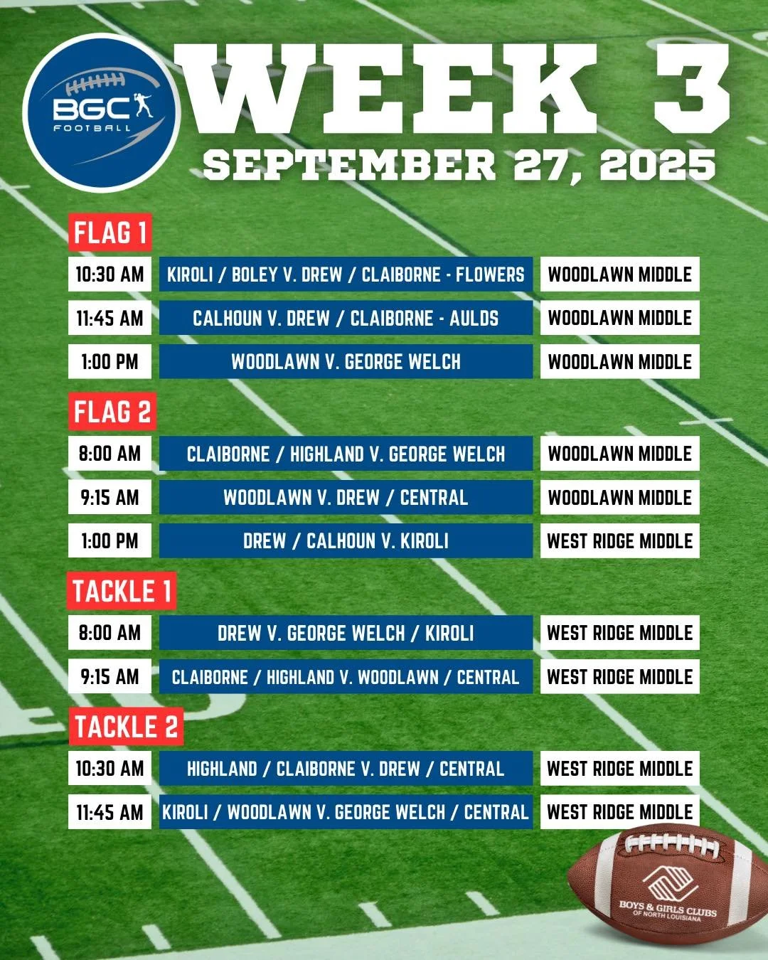 Join us on Saturday, September 27th as our BGC Football teams hit the fields at Woodlawn Middle and West Ridge Middle.
Check out the full schedule and come cheer on your favorite teams! 💙