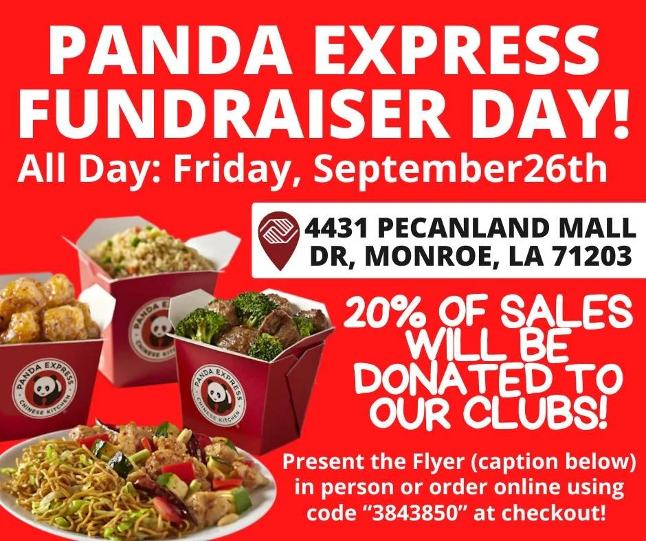 Eat good, do good! 🥡❤️
Join us this Friday, September 26th at Panda Express (4431 Pecanland Mall Dr, Monroe) and help support Boys &amp; Girls Clubs of North Louisiana.

👉 20% of all sales will be donated back to our Clubs when you:
✔️ Show this fl