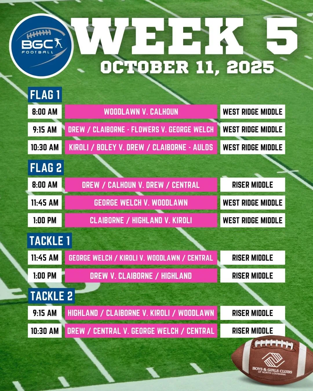 Get ready for another Saturday full of action on October 11th at West Ridge Middle and Riser Middle.
Check the schedule to see when your team plays, and come out to support our athletes as they bring their best to the field! 💙