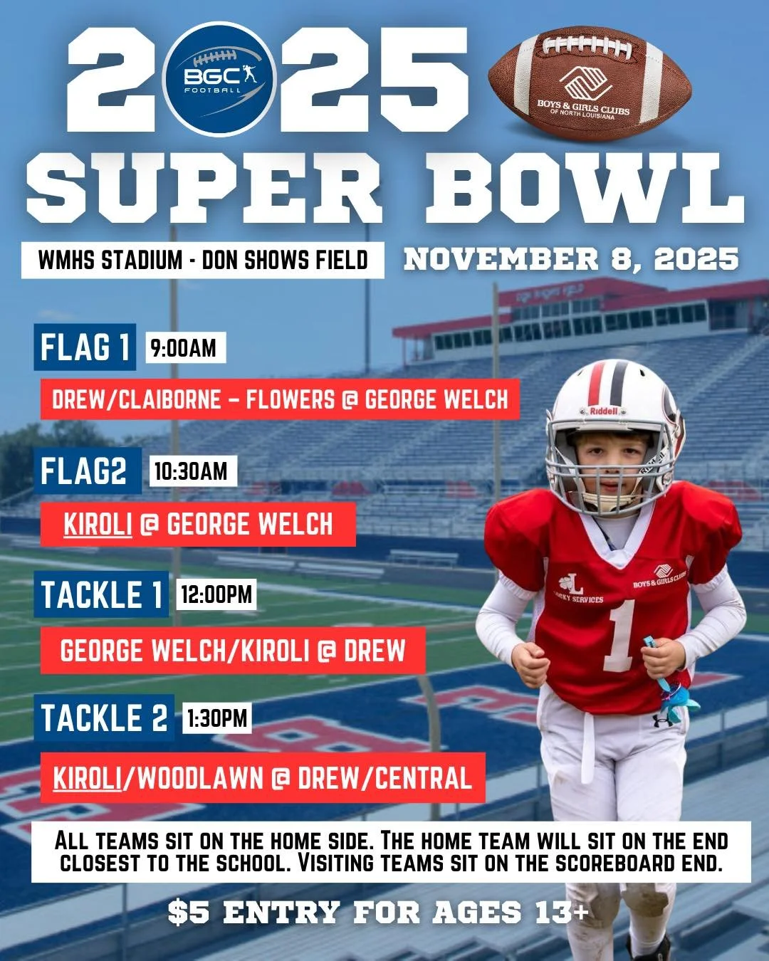 🏈 It all comes down to this!
Champions are made under the lights 💪 Join us for the 2025 BGC Super Bowl &mdash; where every snap, tackle, and touchdown counts! 🏆🔥
📍 WMHS Stadium | 🗓️ November 8 | 🎟️ $5 Entry (Ages 13+)

Let&rsquo;s pack the sta