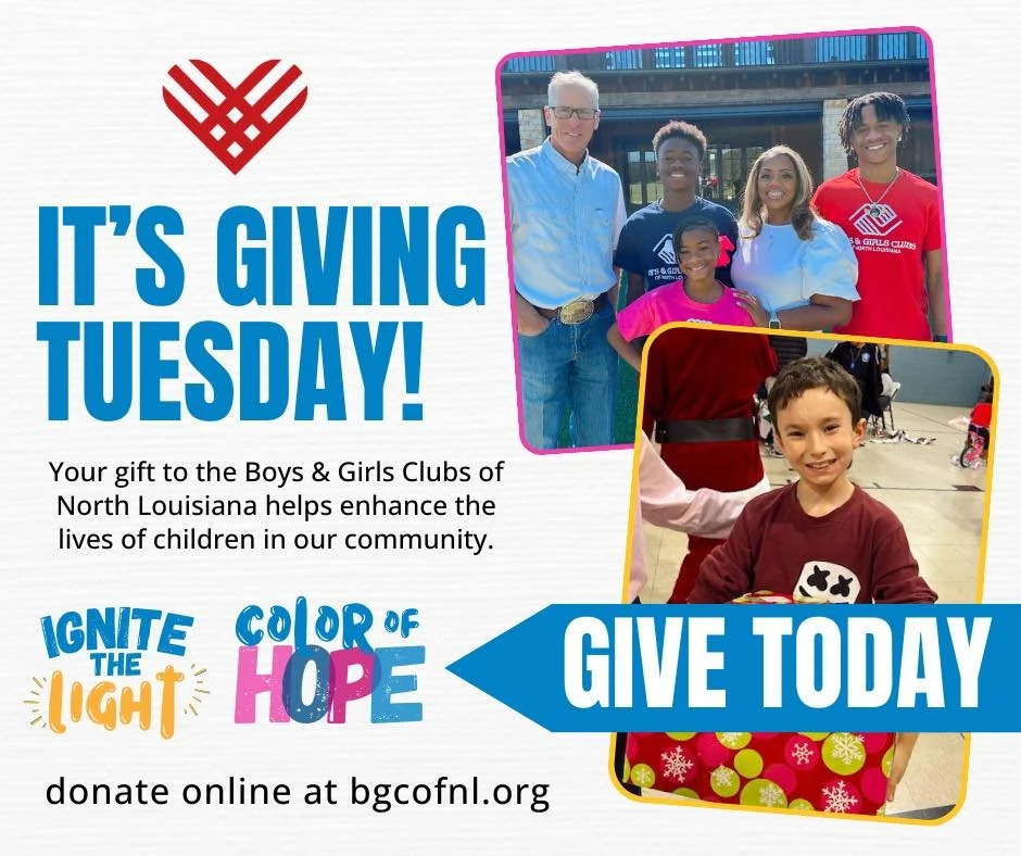 Today, your generosity can change a child&rsquo;s future. 💙

This Giving Tuesday, help us continue providing safe spaces, mentors, and opportunities for kids across North Louisiana.

Give online at www.bgcofnl.org