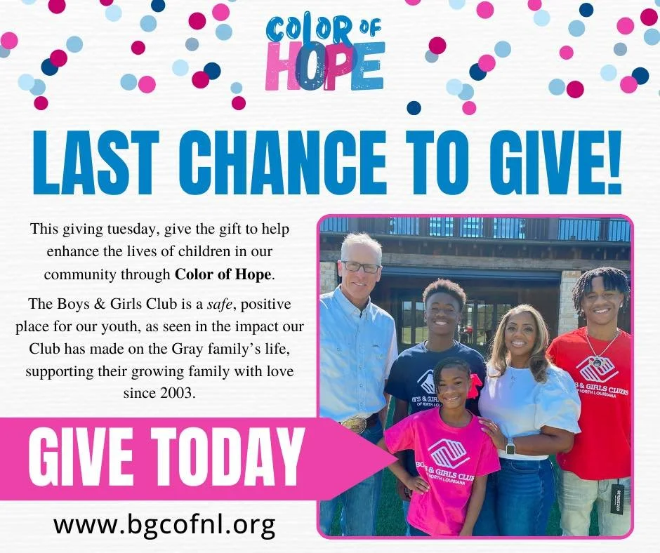 🌈 Last chance to give to Color of Hope!
Your generosity supports safe places, mentors, meals and opportunities for kids in North Louisiana.

Today is the final day to donate to Color of Hope!
www.bgcofnl.org/spread-joy