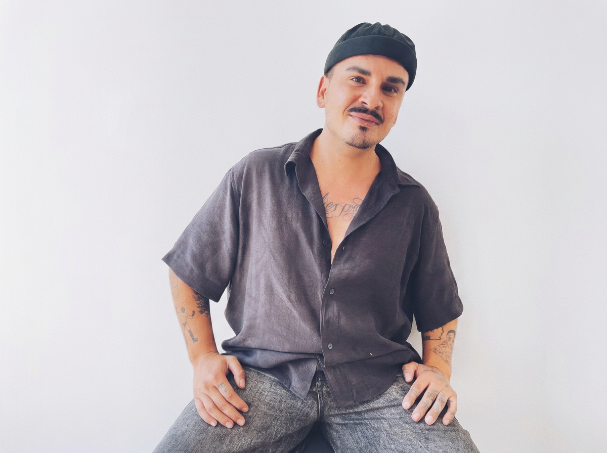 Cristian a hairstylist at The Ministry Salon in Silver Lake and Studio City, Los Angeles in black beanie and dark shirt with tattoos on arms and chest posing against plain white wall