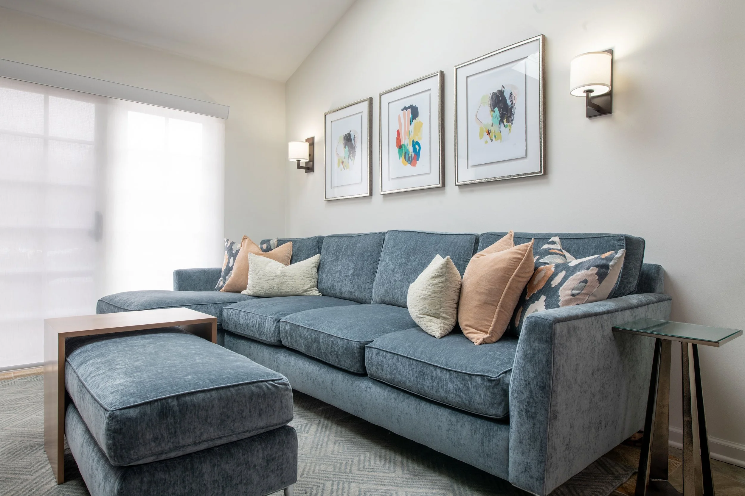 Family room, small space, sunny, bright, skylights, sectional, ottoman, built-in, Interior design, interior designer, home design, home decor, interiors, designer, Main Line, Philadelphia, Delaware Valley, South Jersey, Chester County, Wayne PA, Devo