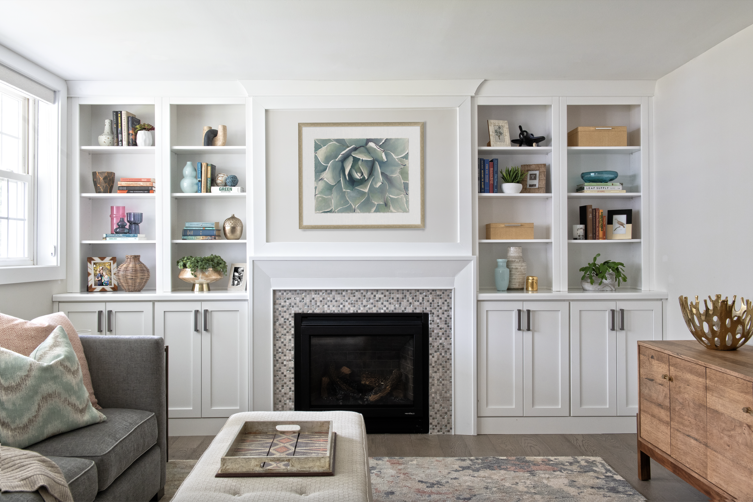 Family room, basement, built-ins, fireplace, accessories, sectional, sofa, ottoman, console, natural light, soft neutrals, bright and airy, white walls, villanova, pa, main line, philadelphia, chester county, interior design, renovation, interior des
