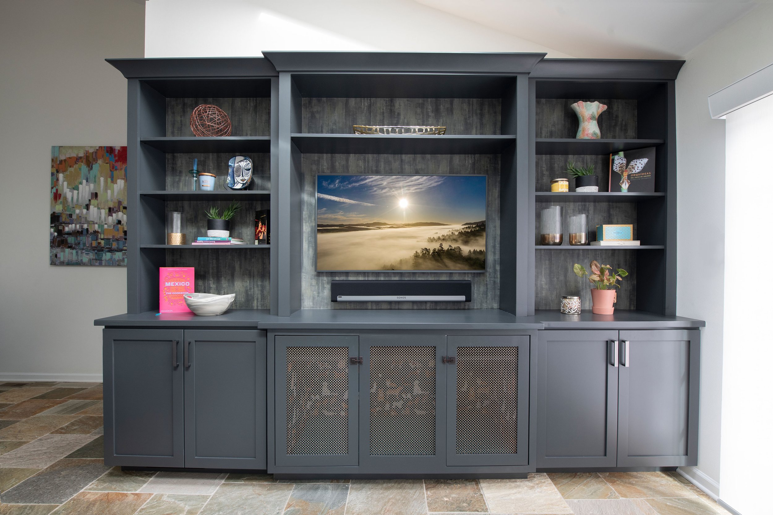 Family room, small space, sunny, bright, skylights, sectional, ottoman, built-in, Interior design, interior designer, home design, home decor, interiors, designer, Main Line, Philadelphia, Delaware Valley, South Jersey, Chester County, Wayne PA, Devo