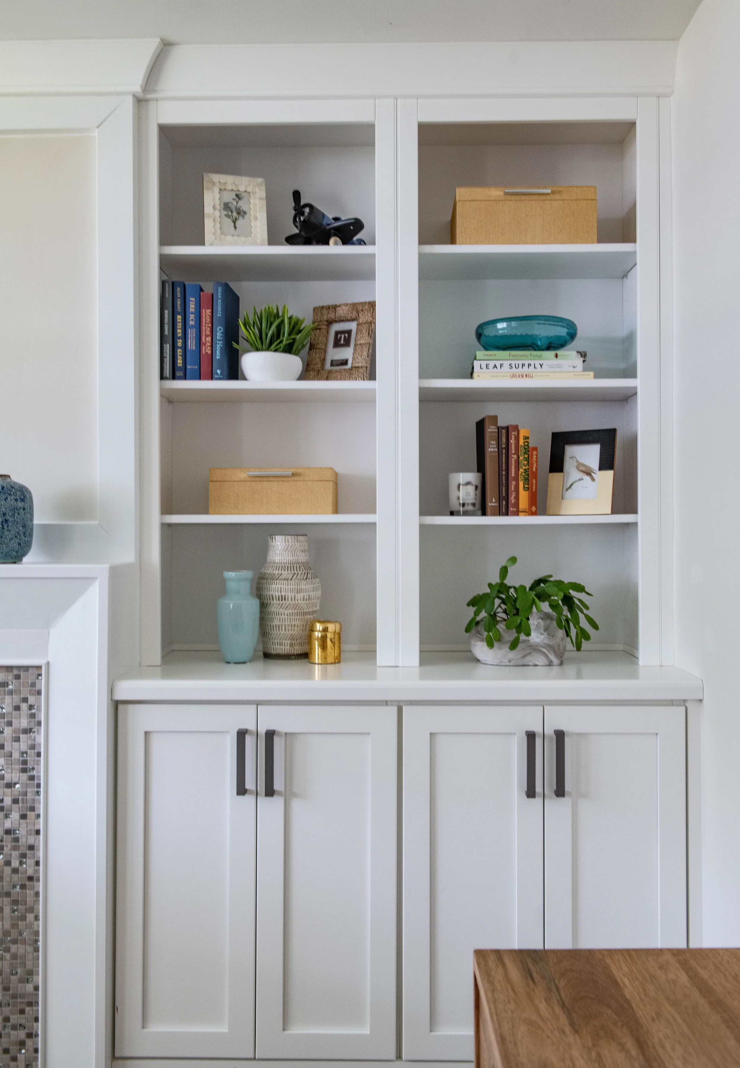 Family room, basement, built-ins, fireplace, accessories, sectional, sofa, ottoman, console, natural light, soft neutrals, bright and airy, white walls, villanova, pa, main line, philadelphia, chester county, interior design, renovation, interior des