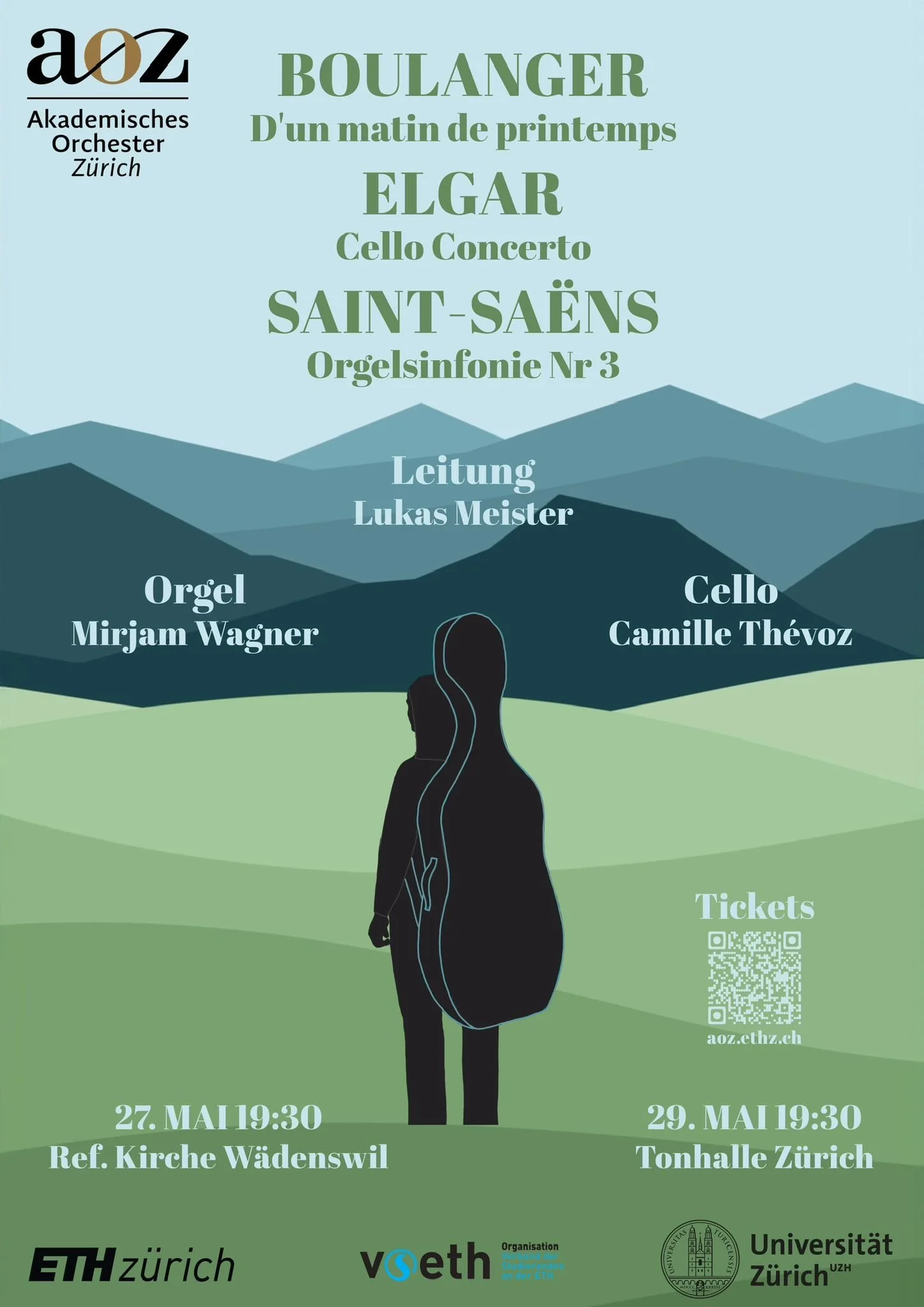  Frühlingssemester 2024   Lili Boulanger: D'un matin de printemps  Edward Elgar: Cellokonzert e-Moll op. 85  Solo-Cello: Camille Thévoz  Camille Saint-Saëns: 3. Sinfonie "Orgelsinfonie" c-Moll op. 78  Orgel: Mirjam Wagner     