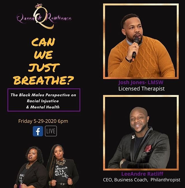 CAN 👏🏾 WE 👏🏾 JUST 👏🏾 BREATHE????
_
It&rsquo;s time to here from our 💛 Powerful and 💪🏾Resilient Black Men. 
_
Join us Friday, May 29, 2020 at 6:00p.m. on FB LIVE. There will be a conversation with Queen of Resilience as we acquire The Black M