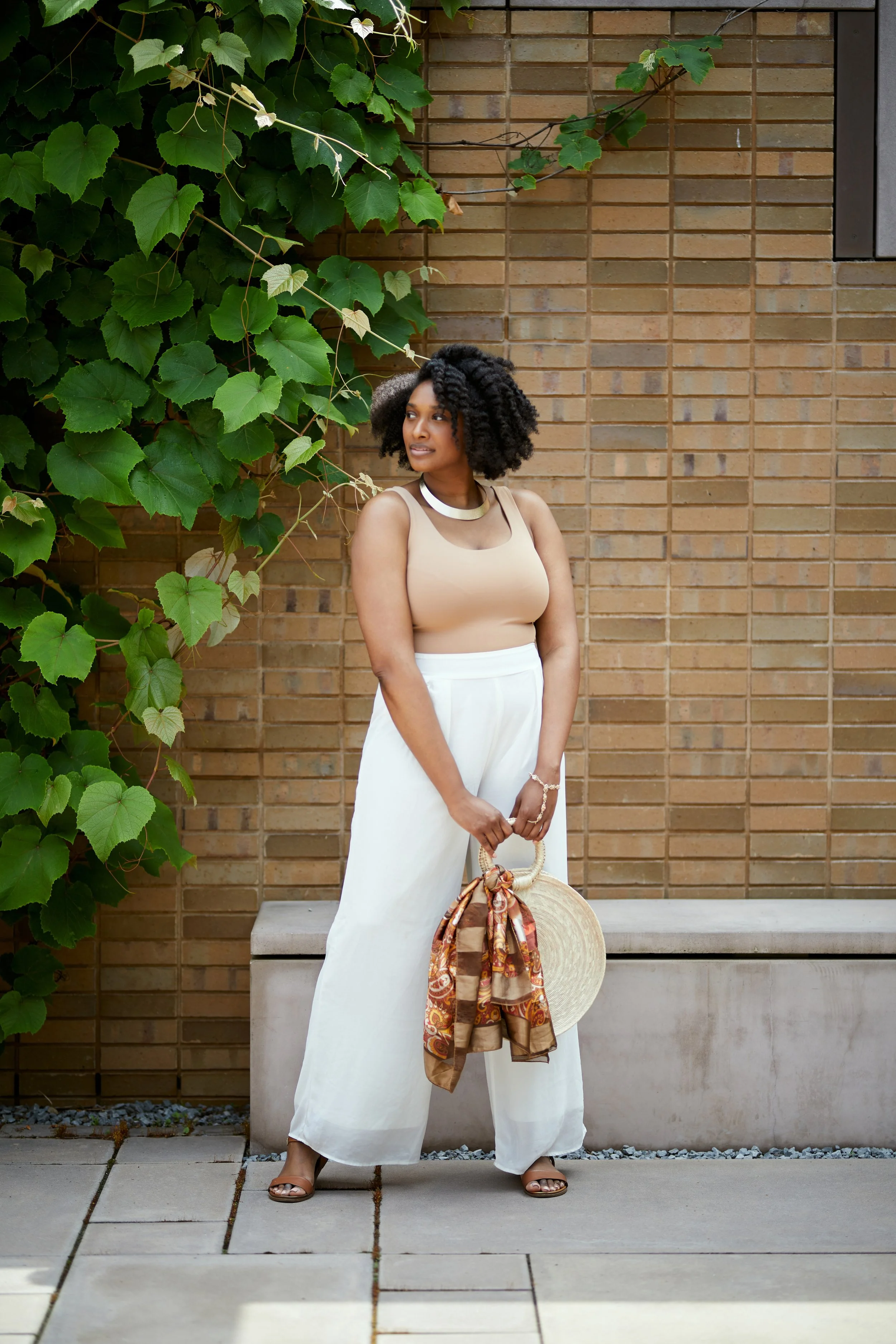 Model Blair Tate in outdoor courtyard at  Carroll Hall in Brooklyn, NY