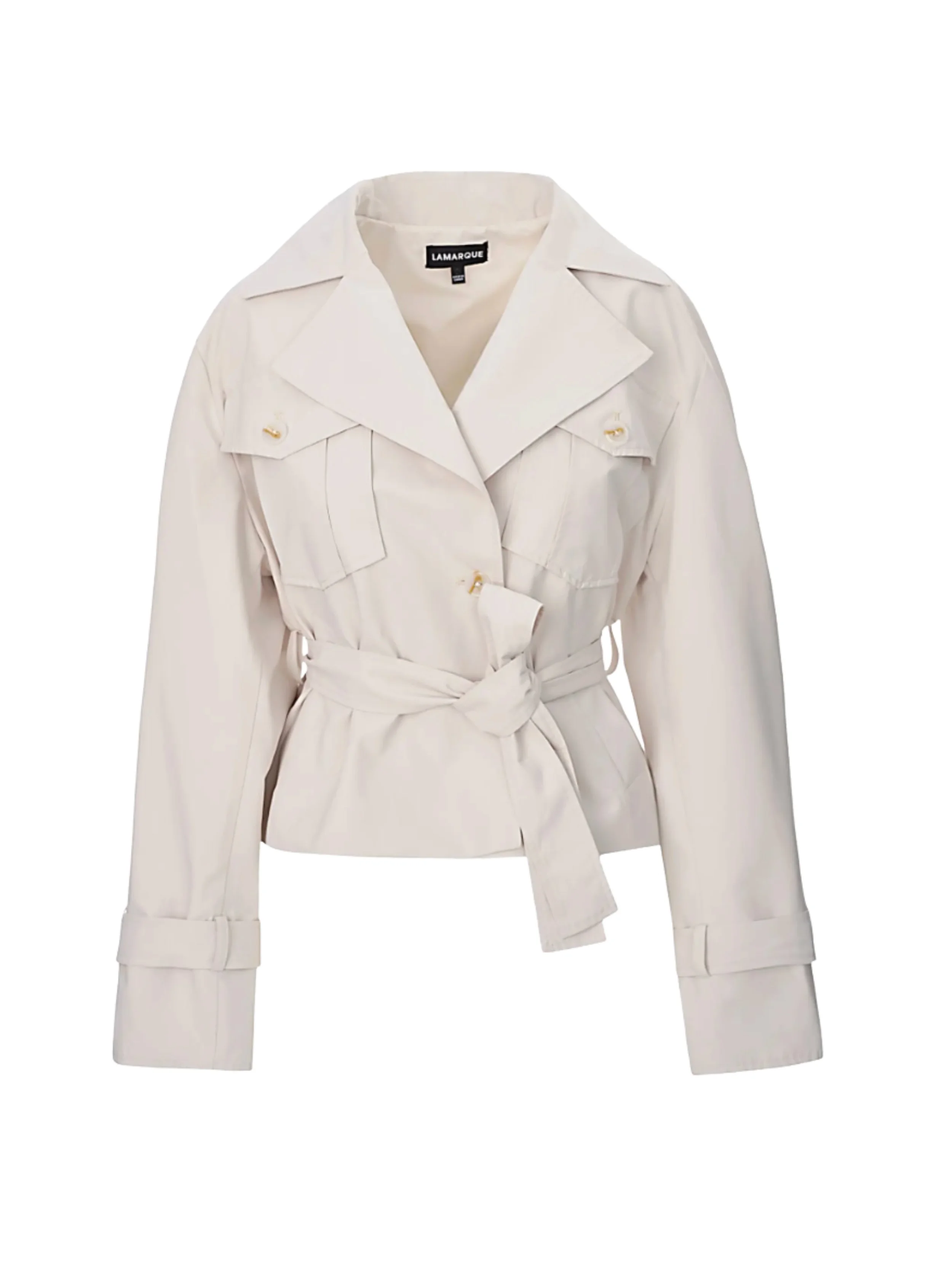 Self-tie belt
Button-front closure
Cropped 