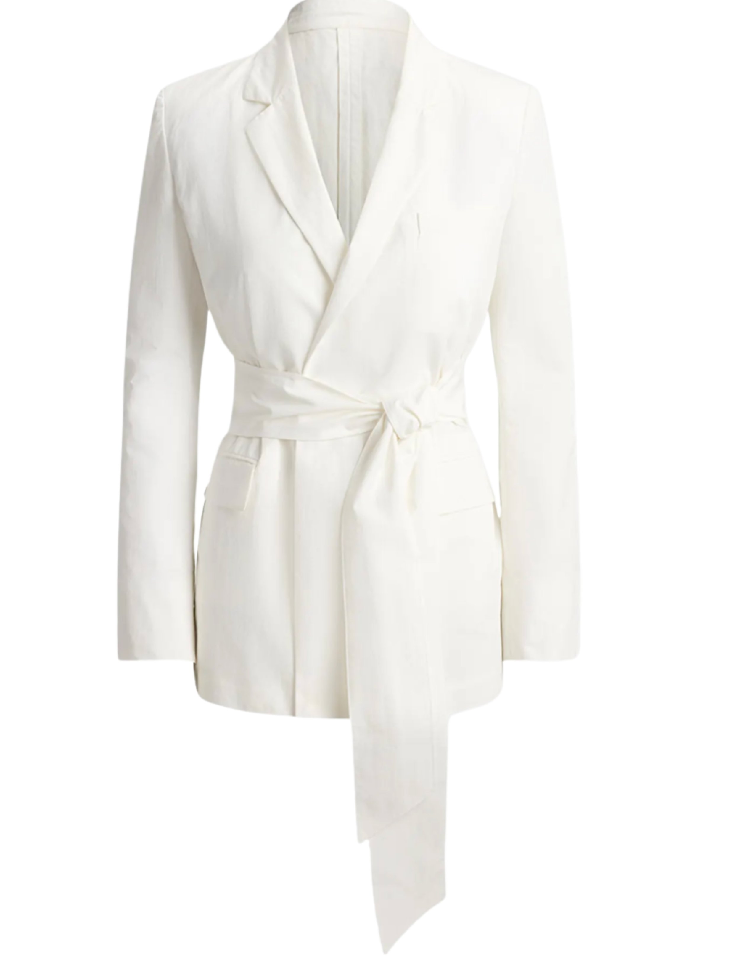 Hip flap pockets, Belted waist
Hip length