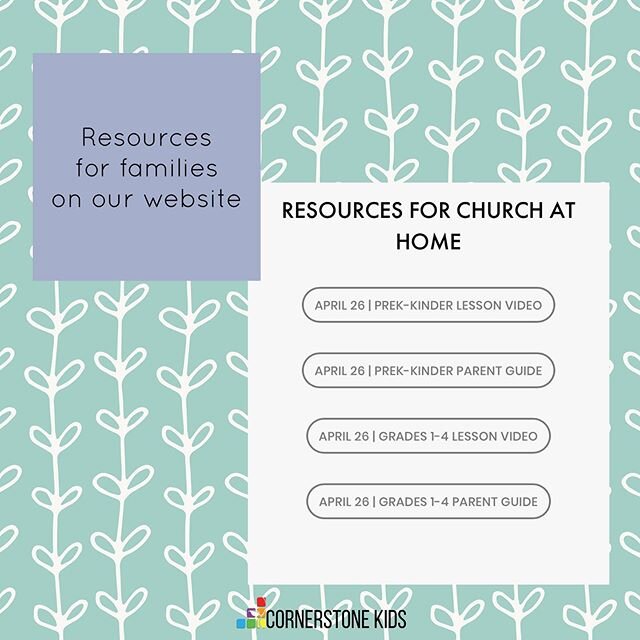 Did you know you can find all our resources on our church website? Lessons for all ages are posted each week! Don&rsquo;t miss out. Visit cornerstoneonline.org/kids ☀️