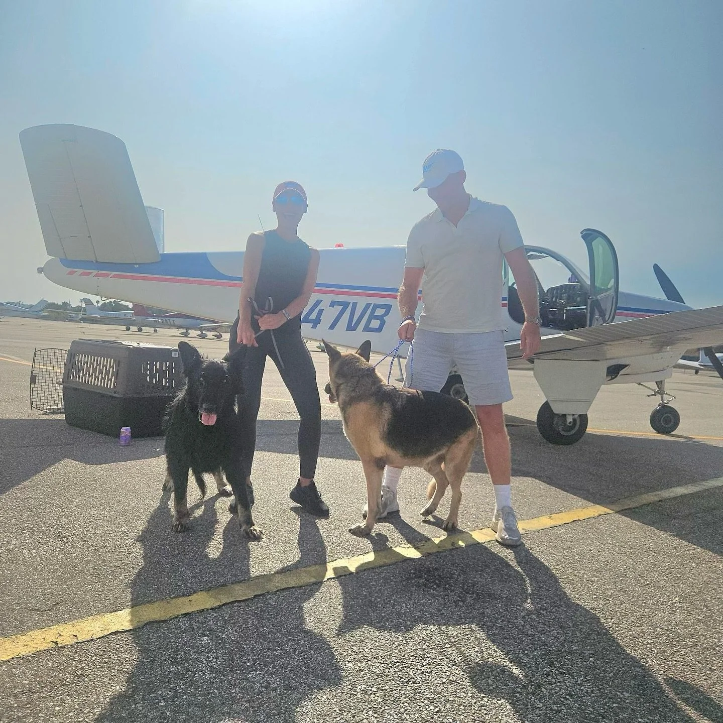 Another successful West Coast mission for Amelia Air βοΈπ. Pilots Regi and Baxter flew two German Shepherd pawsengers: 6 year olds Riot (the tan shepherd) and Ralph (the black shepherd), each weighing ~70lbs. 
The pups came from our partner shelter i