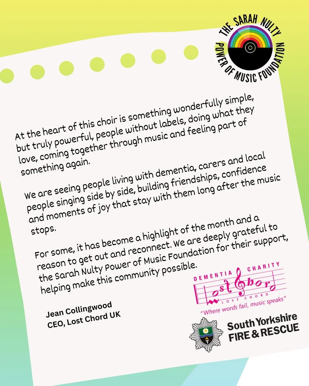 Community, connection and the power of music 🎶 💛 Thanks to funding from the Sarah Nulty Power of Music Foundation, Lost Chord and the South Yorkshire Fire &amp; Rescue Community Choir has brought together more than 100 people living with dementia a