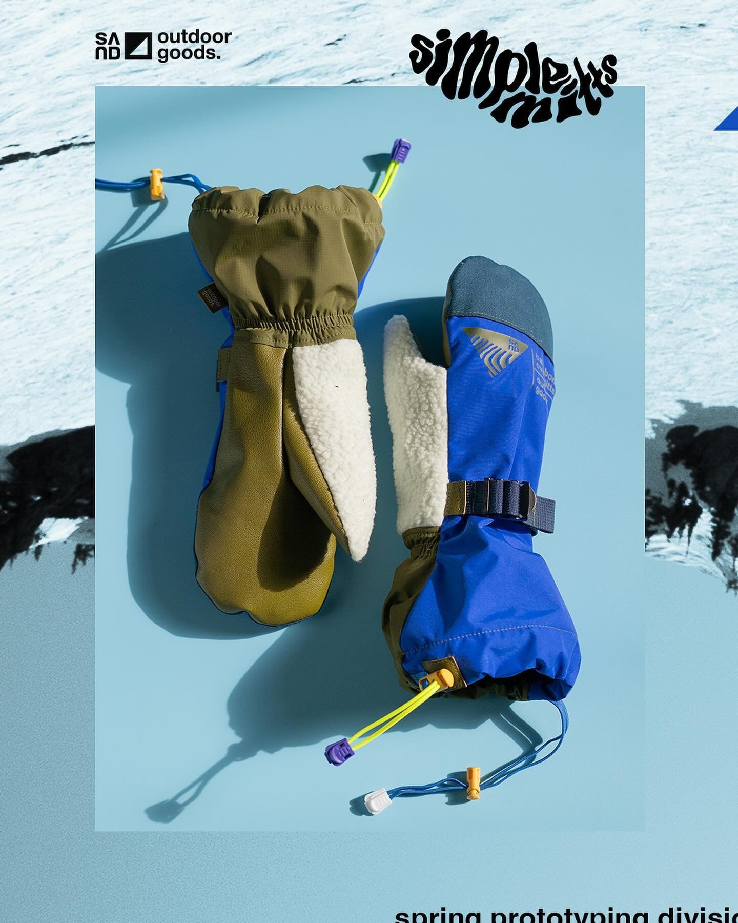More spring test subjects. These bluebirds will be hand-delivered for a round of spring lap tests at Timberline. 2L shell, olive goat leather palms, polartec shearling fleece thumbs backed with 2L nylon, 3L micro fleece lightweight liner for spring w