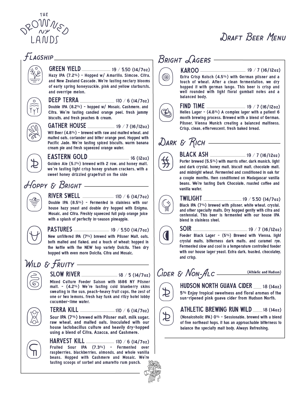 Draft beer menu with sections for 'The Drowned Lands,' featuring various beers, and 'Draft Beer Menu,' listing different beers with descriptions and prices.