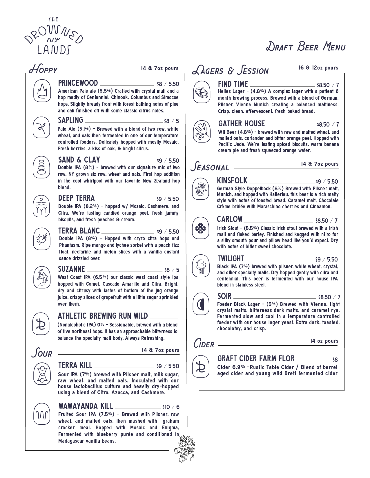 Draft beer menu with sections for 'The Drowned Lands,' featuring various beers, and 'Draft Beer Menu,' listing different beers with descriptions and prices.