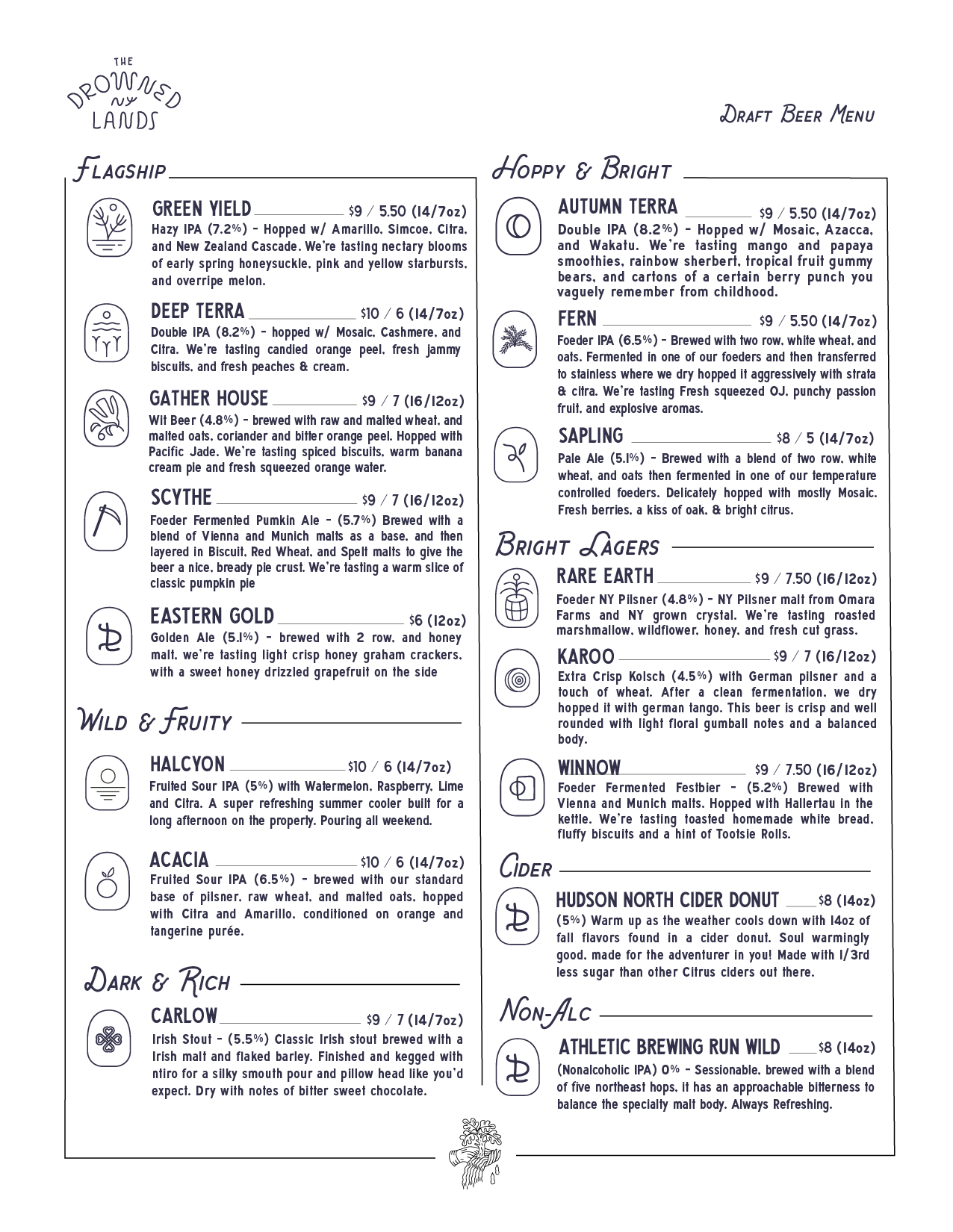 Draft beer menu with sections for 'The Drowned Lands,' featuring various beers, and 'Draft Beer Menu,' listing different beers with descriptions and prices.