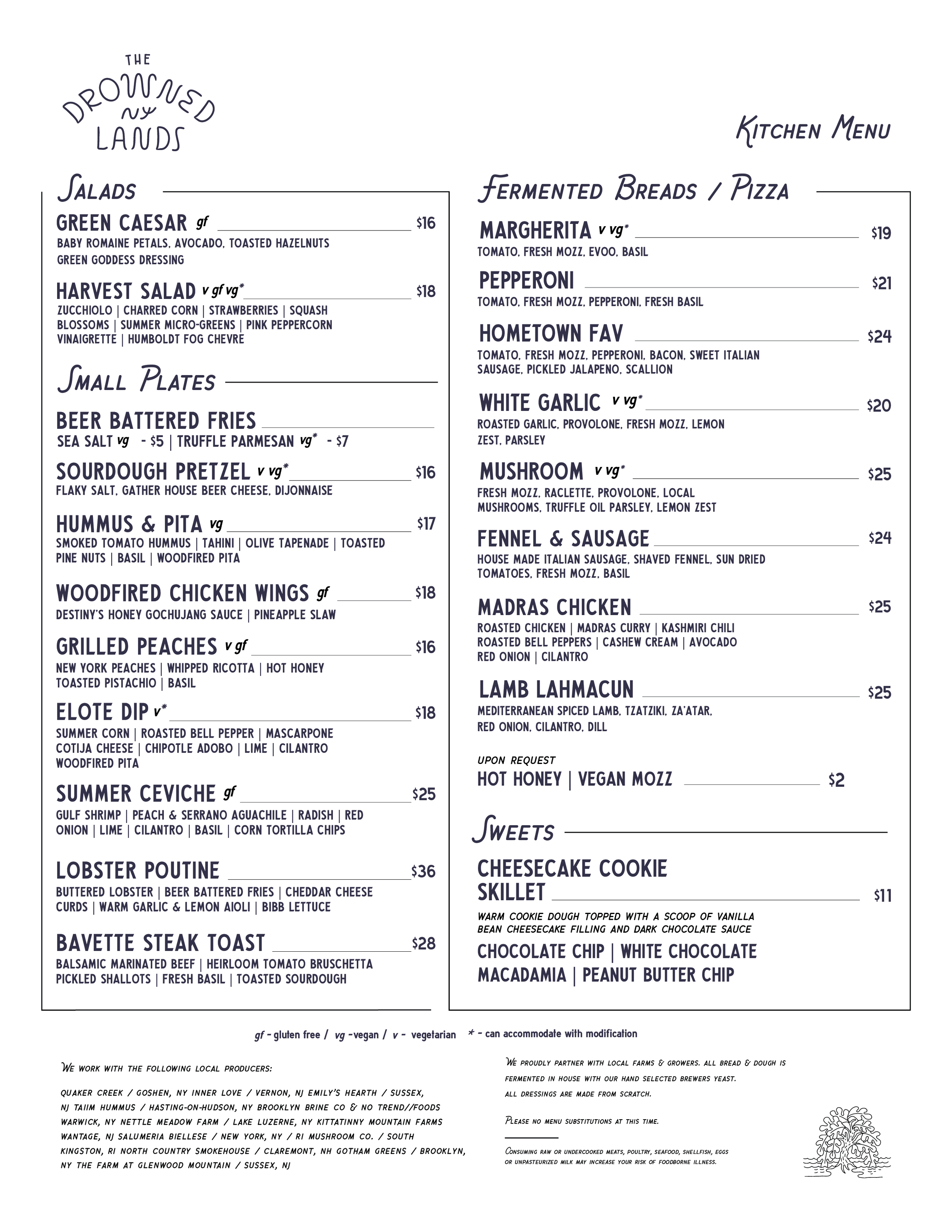 A menu titled 'The Downtown Lands' featuring sections for salads, soup, small plates, fermented breads, and pizza. Items include green Caesar salad, harvest salad, onion soup crock, lobster bisque, beer battered fries, sourdough pretzel, hummus and pita, octopus, chicken wings, steak tips, Margherita pizza, pepperoni pizza, hometown favorite pizza, white garlic, brussica, mushroom, bresaola and arugula, lamb lahmacun, and others with prices listed.