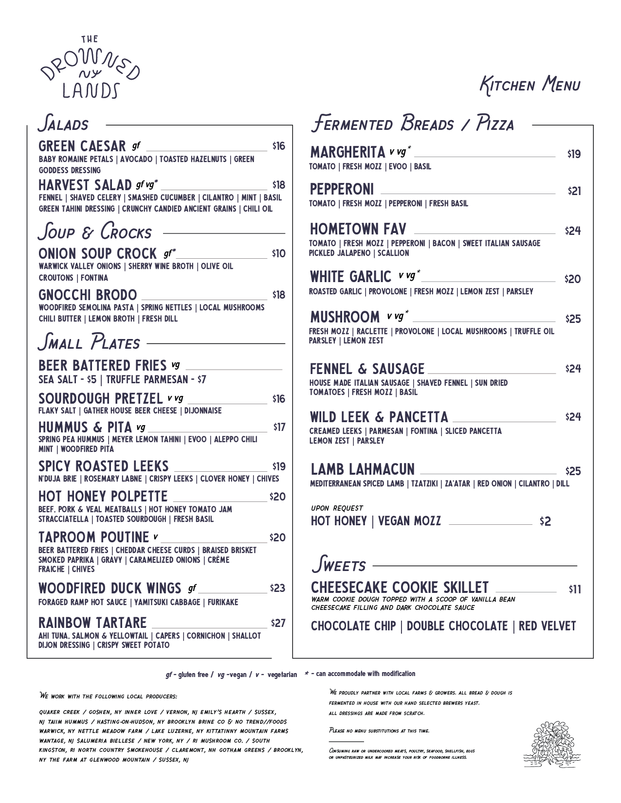A menu titled 'The Downtown Lands' featuring sections for salads, soup, small plates, fermented breads, and pizza. Items include green Caesar salad, harvest salad, onion soup crock, lobster bisque, beer battered fries, sourdough pretzel, hummus and pita, octopus, chicken wings, steak tips, Margherita pizza, pepperoni pizza, hometown favorite pizza, white garlic, brussica, mushroom, bresaola and arugula, lamb lahmacun, and others with prices listed.