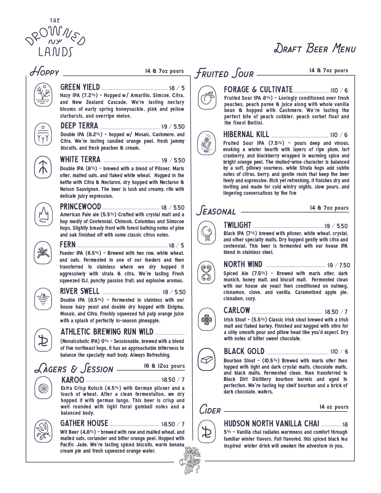 Draft beer menu with sections for 'The Drowned Lands,' featuring various beers, and 'Draft Beer Menu,' listing different beers with descriptions and prices.