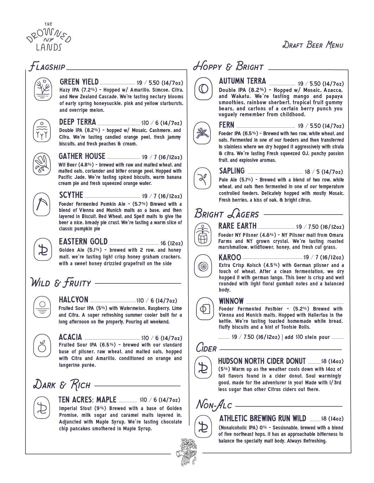 Draft beer menu with sections for 'The Drowned Lands,' featuring various beers, and 'Draft Beer Menu,' listing different beers with descriptions and prices.
