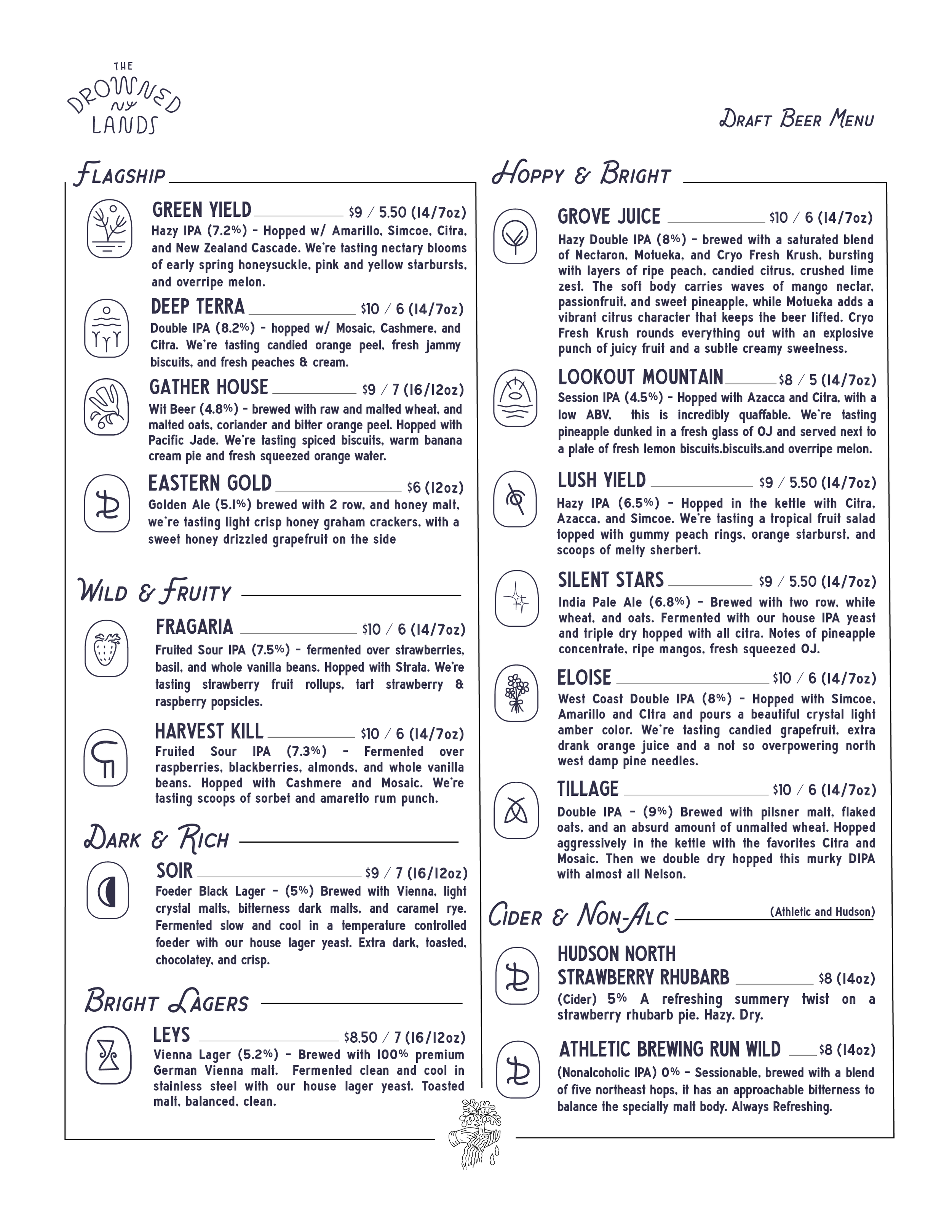 Draft beer menu with sections for 'The Drowned Lands,' featuring various beers, and 'Draft Beer Menu,' listing different beers with descriptions and prices.