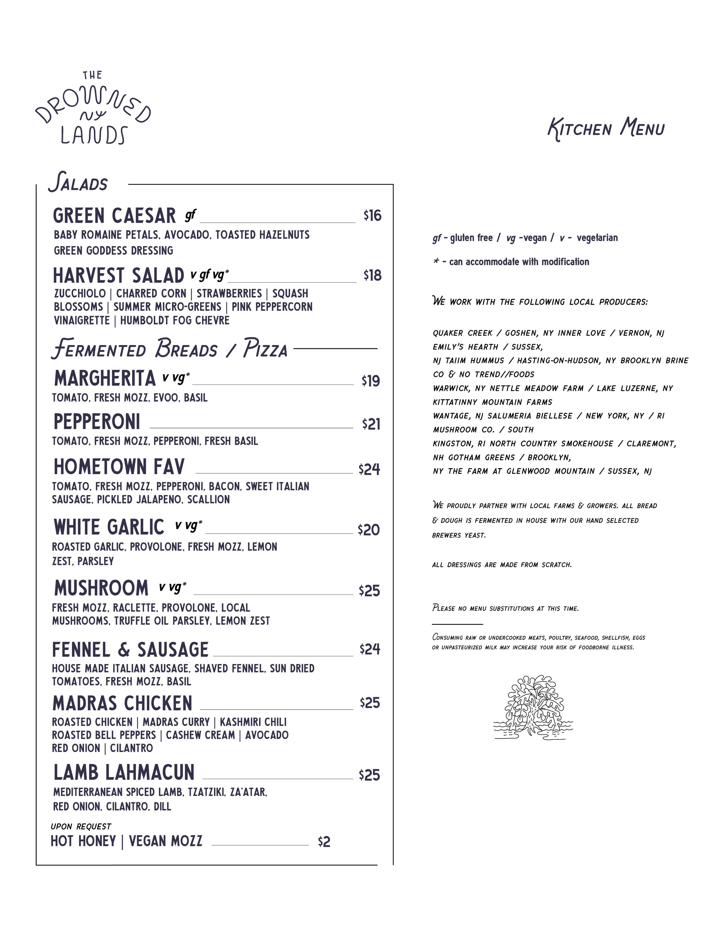 A menu titled 'The Downtown Lands' featuring sections for salads, soup, small plates, fermented breads, and pizza. Items include green Caesar salad, harvest salad, onion soup crock, lobster bisque, beer battered fries, sourdough pretzel, hummus and pita, octopus, chicken wings, steak tips, Margherita pizza, pepperoni pizza, hometown favorite pizza, white garlic, brussica, mushroom, bresaola and arugula, lamb lahmacun, and others with prices listed.