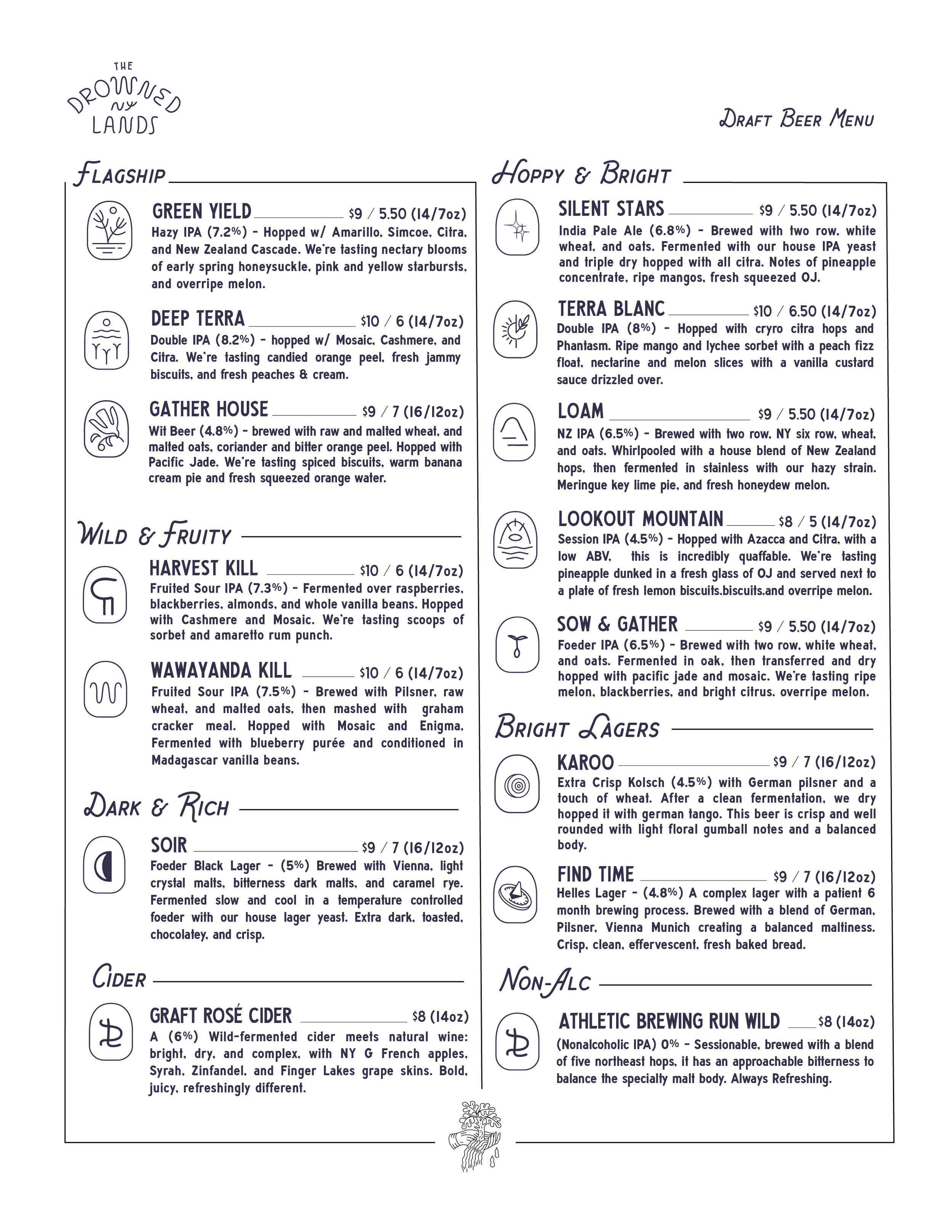 Draft beer menu with sections for 'The Drowned Lands,' featuring various beers, and 'Draft Beer Menu,' listing different beers with descriptions and prices.