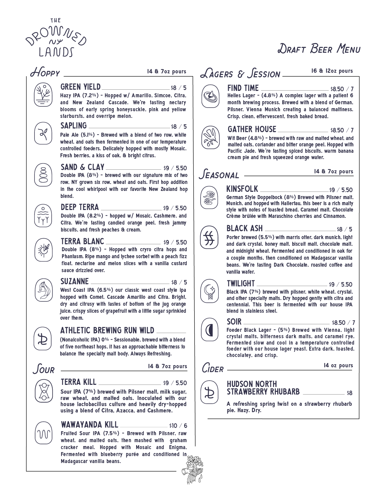 Draft beer menu with sections for 'The Drowned Lands,' featuring various beers, and 'Draft Beer Menu,' listing different beers with descriptions and prices.
