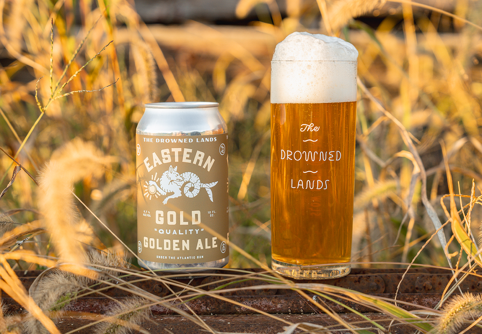 A can of Eastern Gold beer and a glass of beer with foam on top, placed outdoors among tall grasses.