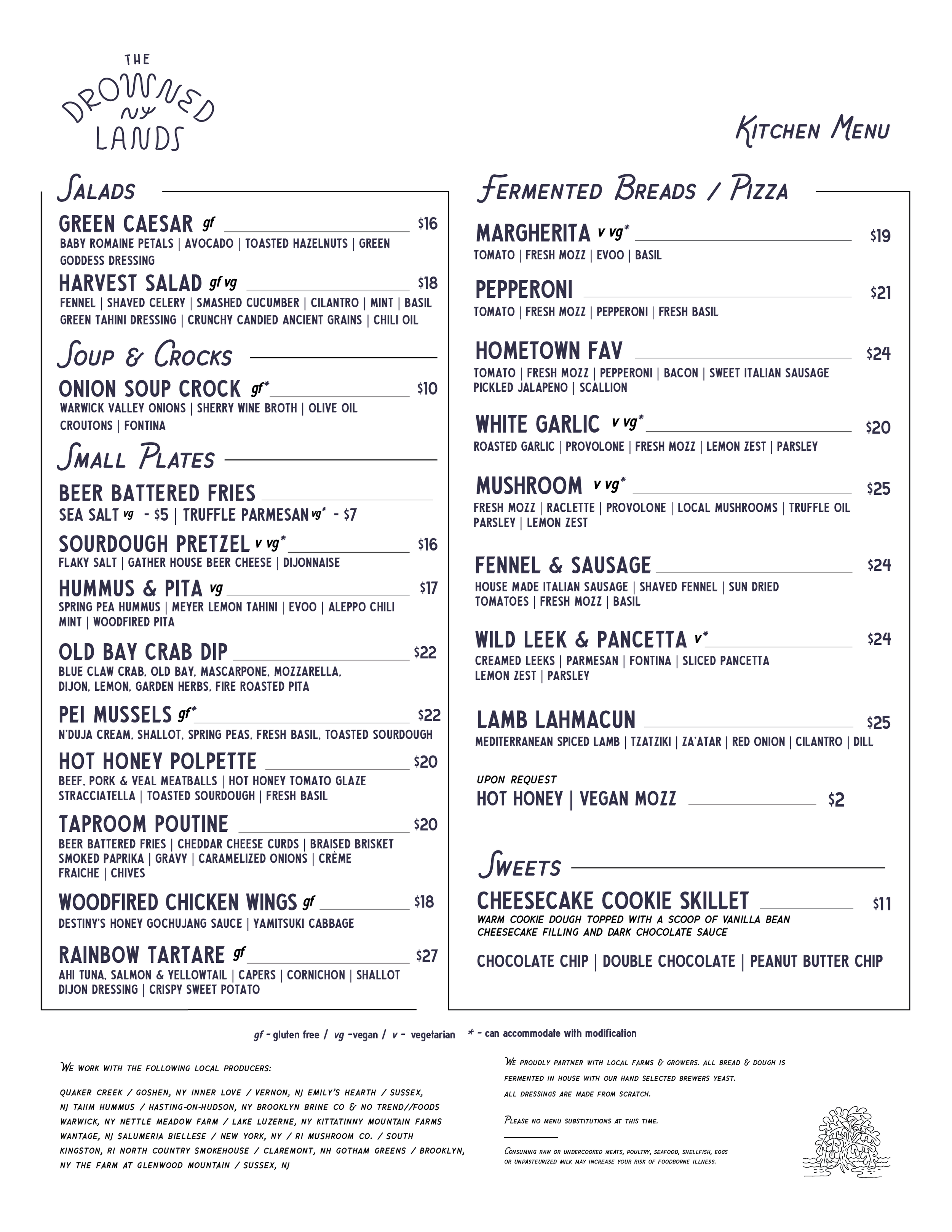 A menu titled 'The Downtown Lands' featuring sections for salads, soup, small plates, fermented breads, and pizza. Items include green Caesar salad, harvest salad, onion soup crock, lobster bisque, beer battered fries, sourdough pretzel, hummus and pita, octopus, chicken wings, steak tips, Margherita pizza, pepperoni pizza, hometown favorite pizza, white garlic, brussica, mushroom, bresaola and arugula, lamb lahmacun, and others with prices listed.