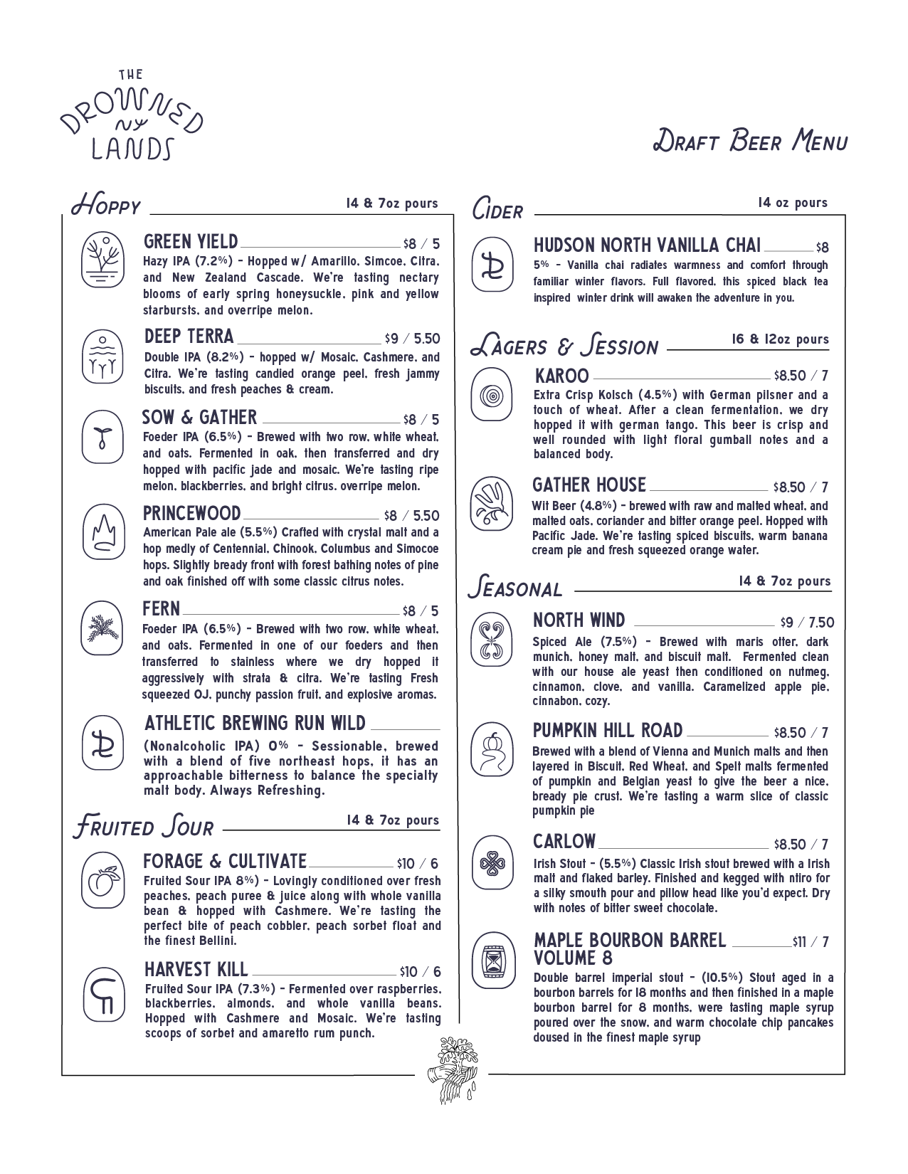 Draft beer menu with sections for 'The Drowned Lands,' featuring various beers, and 'Draft Beer Menu,' listing different beers with descriptions and prices.