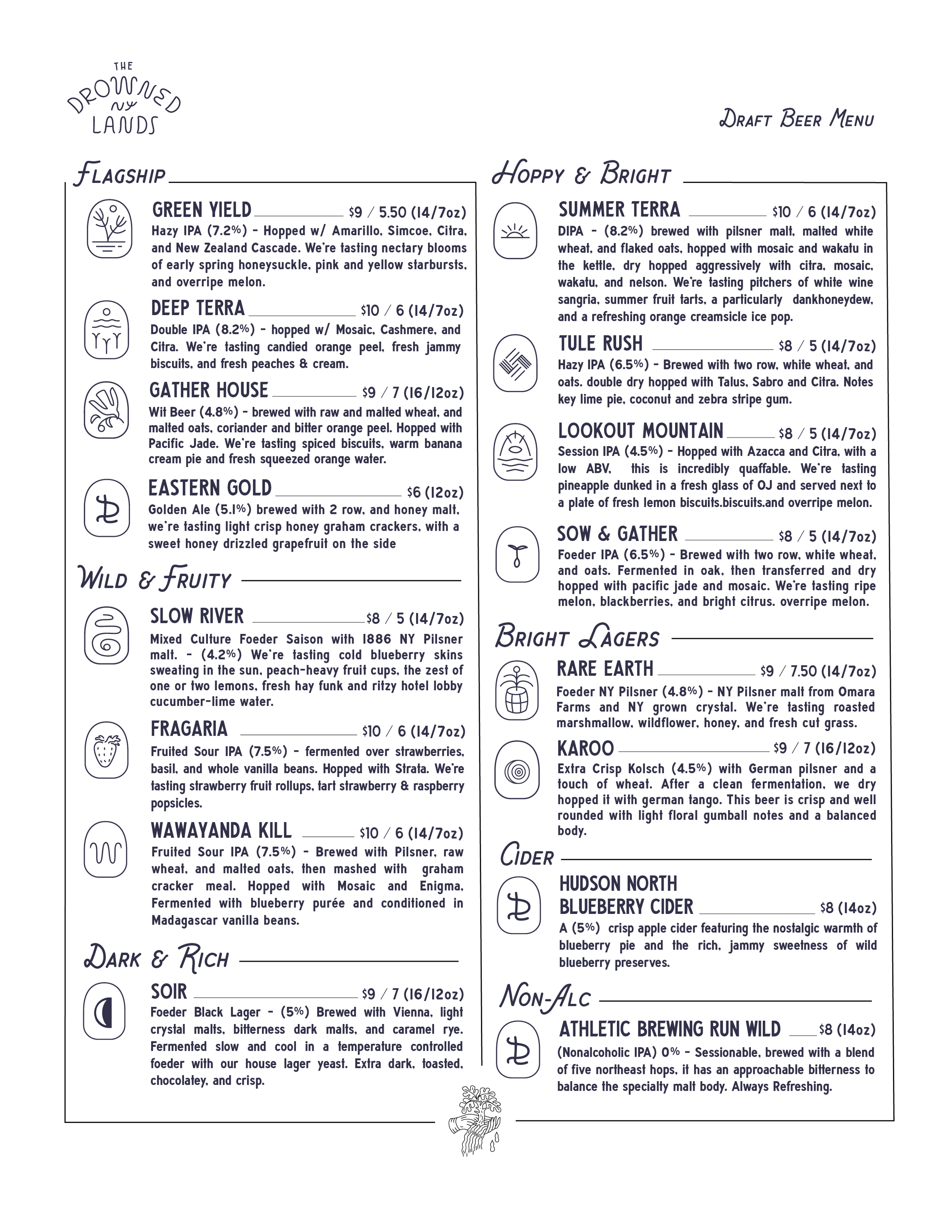 Draft beer menu with sections for 'The Drowned Lands,' featuring various beers, and 'Draft Beer Menu,' listing different beers with descriptions and prices.
