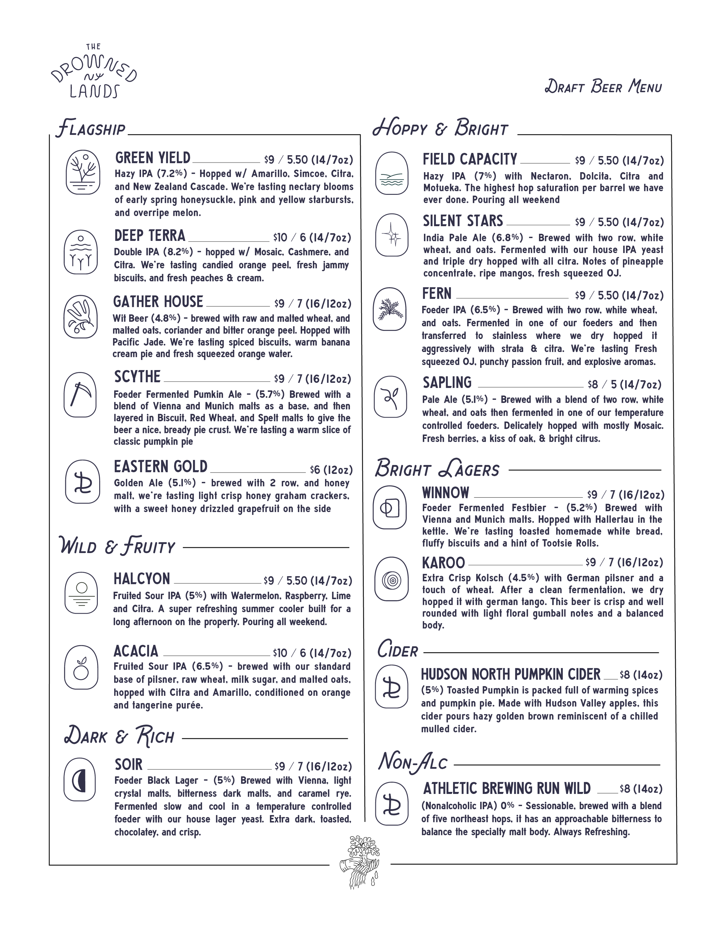 Draft beer menu with sections for 'The Drowned Lands,' featuring various beers, and 'Draft Beer Menu,' listing different beers with descriptions and prices.